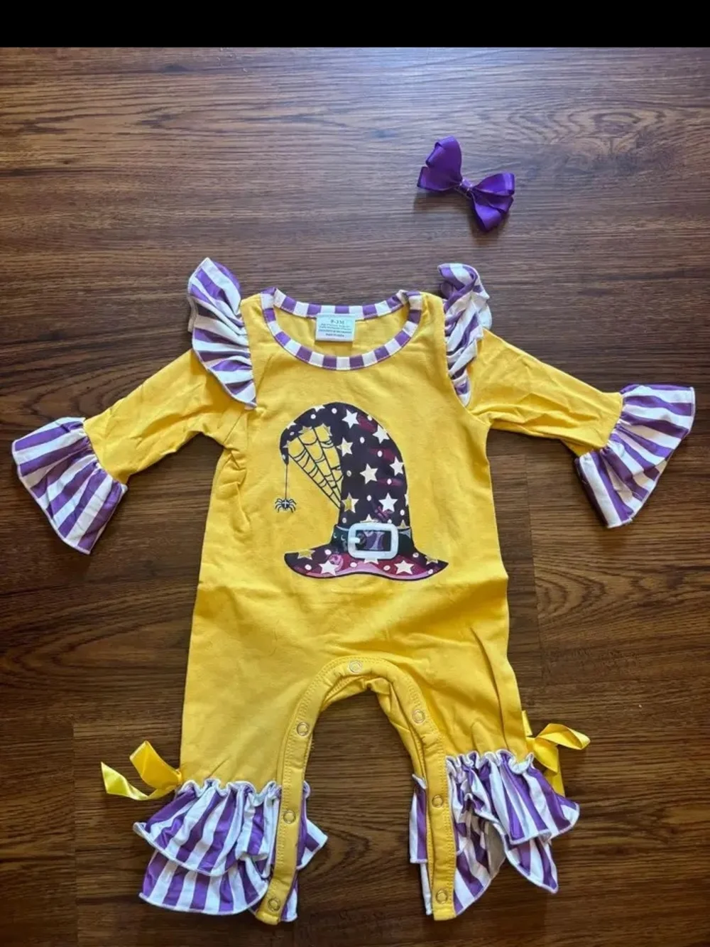 Yellow Halloween Witch Hat Ruffle Baby Romper with Purple Stripes